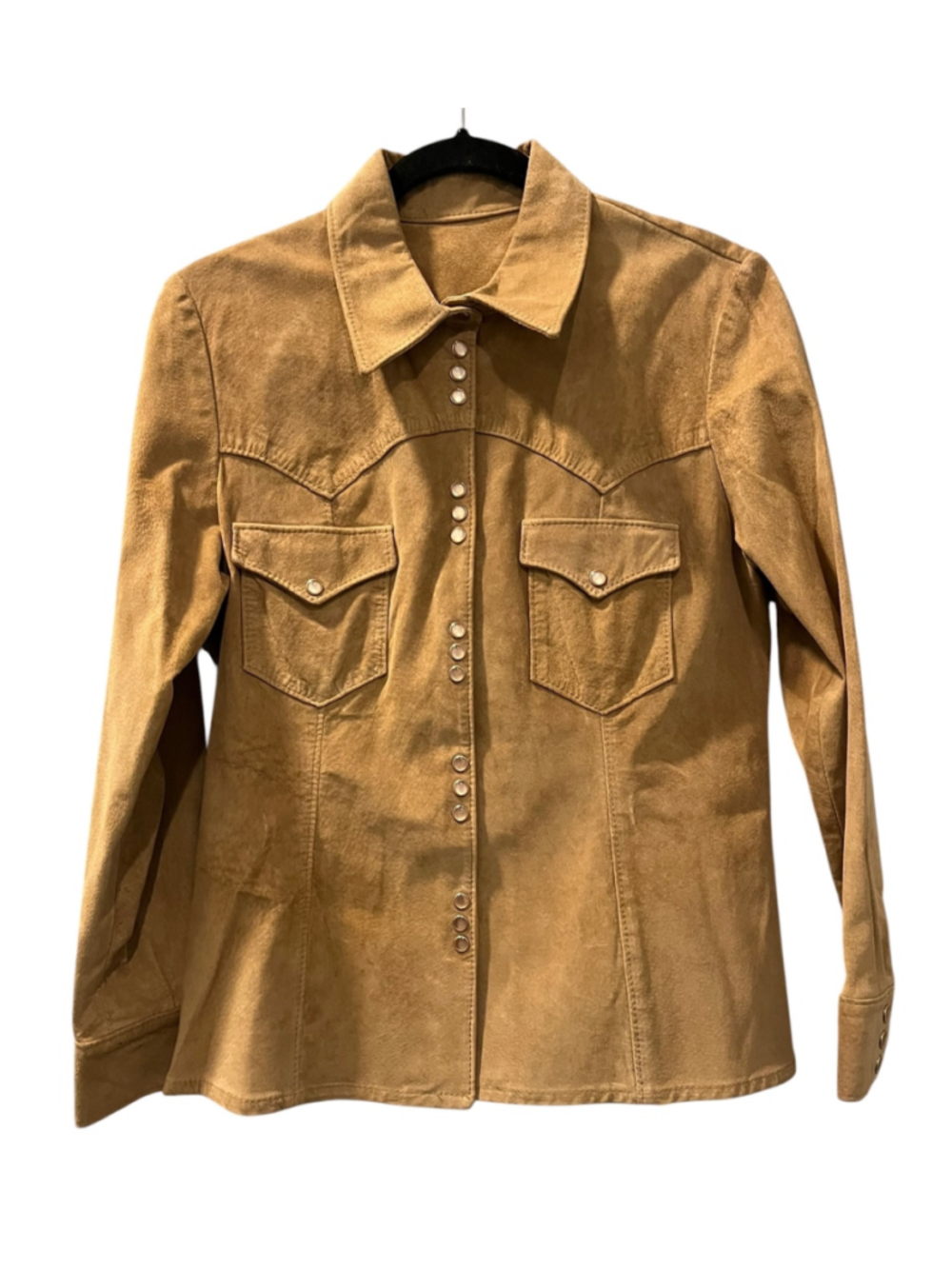 Double D Ranch Tan Suede Leather Western Pearl Snap Shirt Jacket Size Small Boho